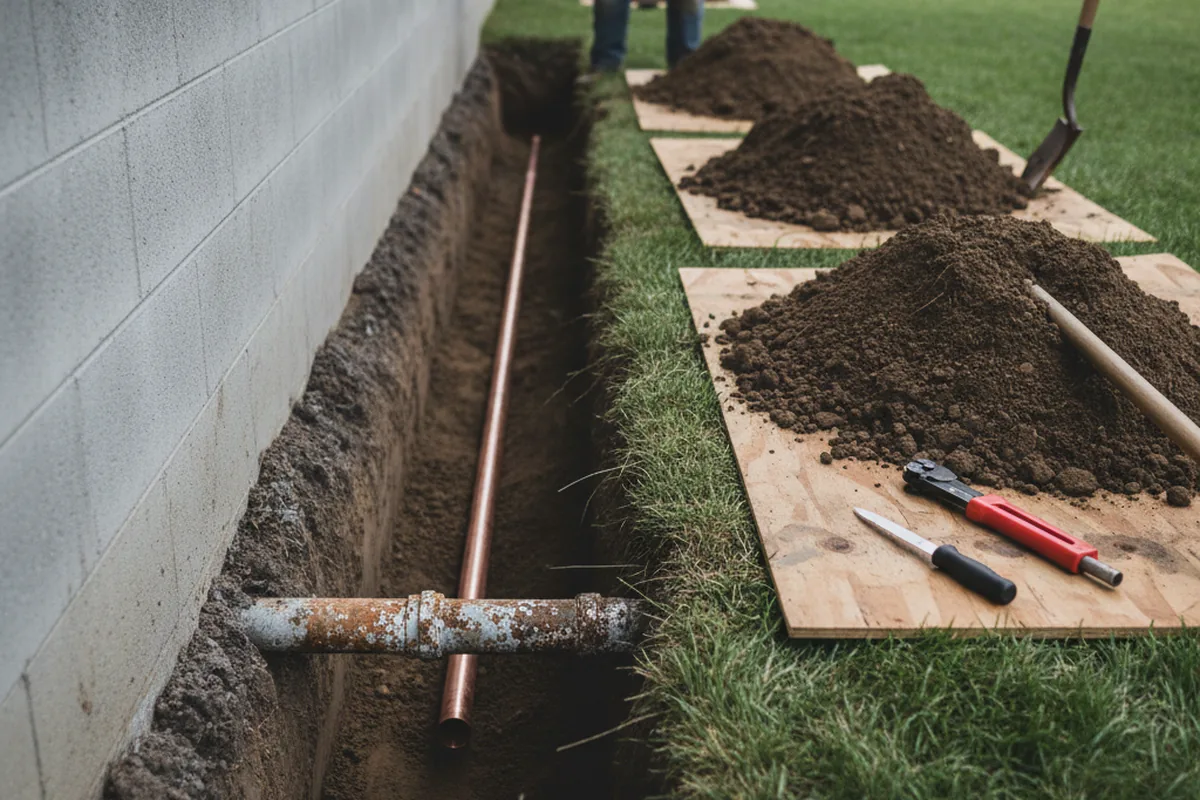 Excavated water line trench during Sewer Line Repair in Washburn